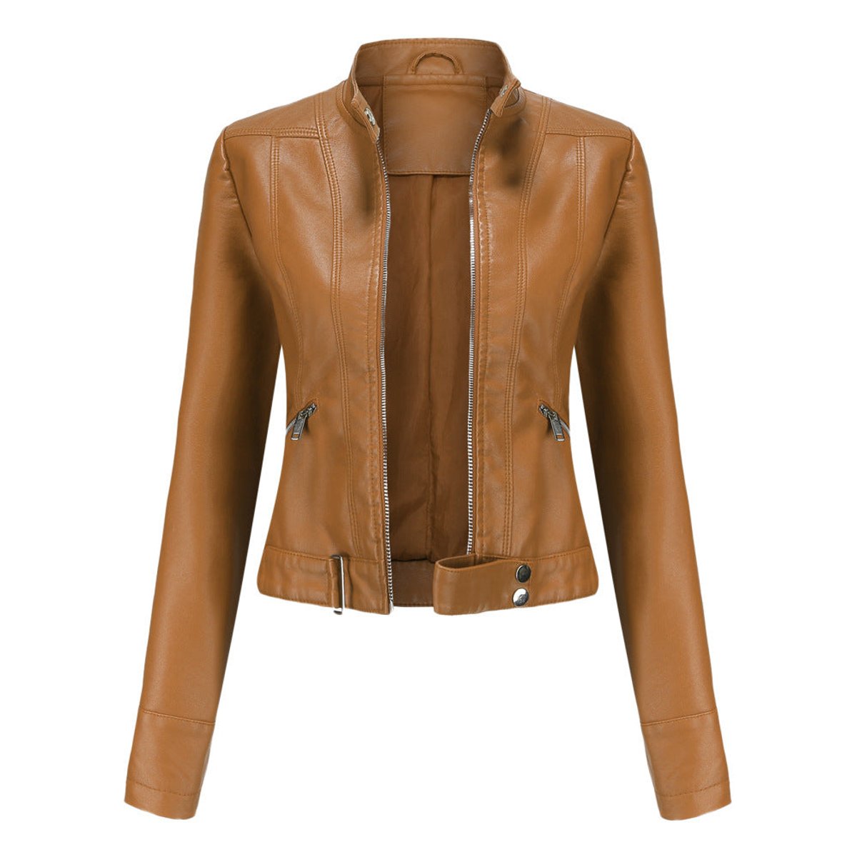 Stand Collar Zip Front Cropped Faux Leather Moto Jacket 2