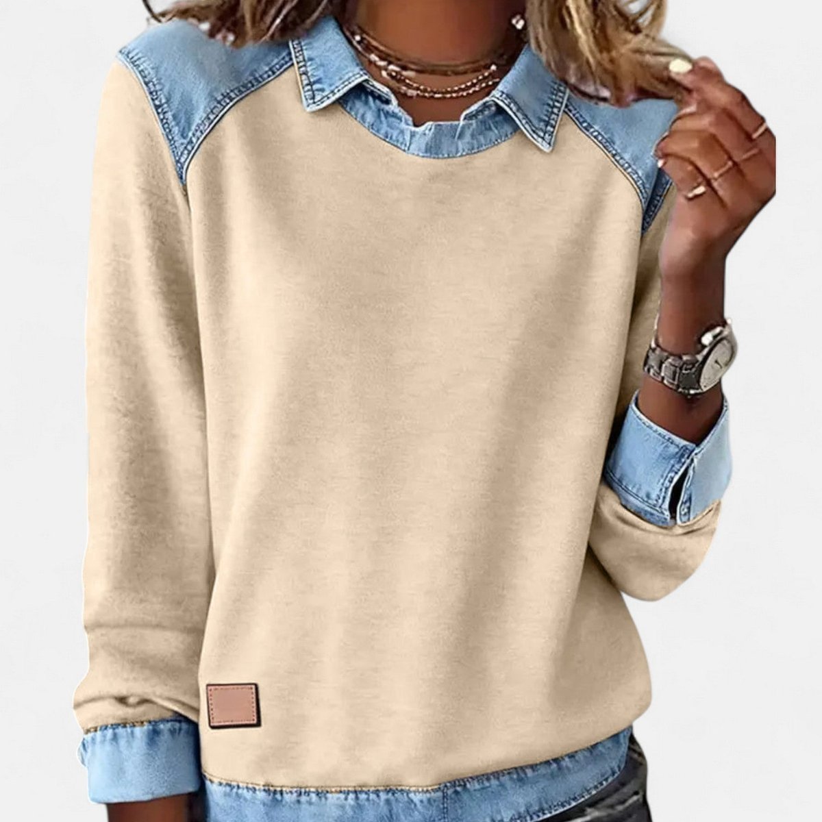 Denim Contrast Collar Crew Neck Long Sleeve Sweatshirt 12