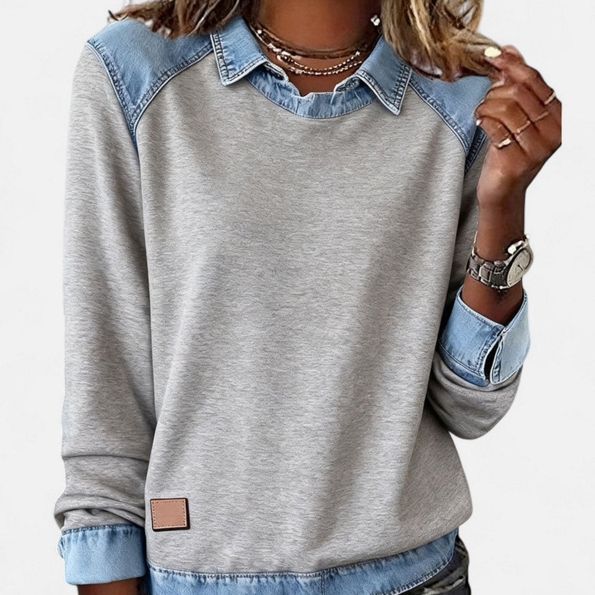 Denim Contrast Collar Crew Neck Long Sleeve Sweatshirt 9