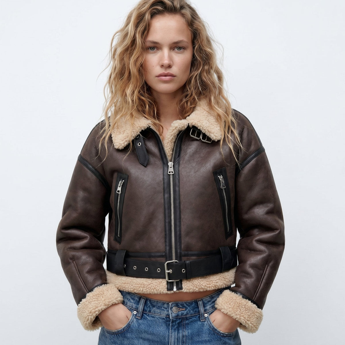 Faux Shearling Collar Zip Front Belted Cropped Aviator Jacket