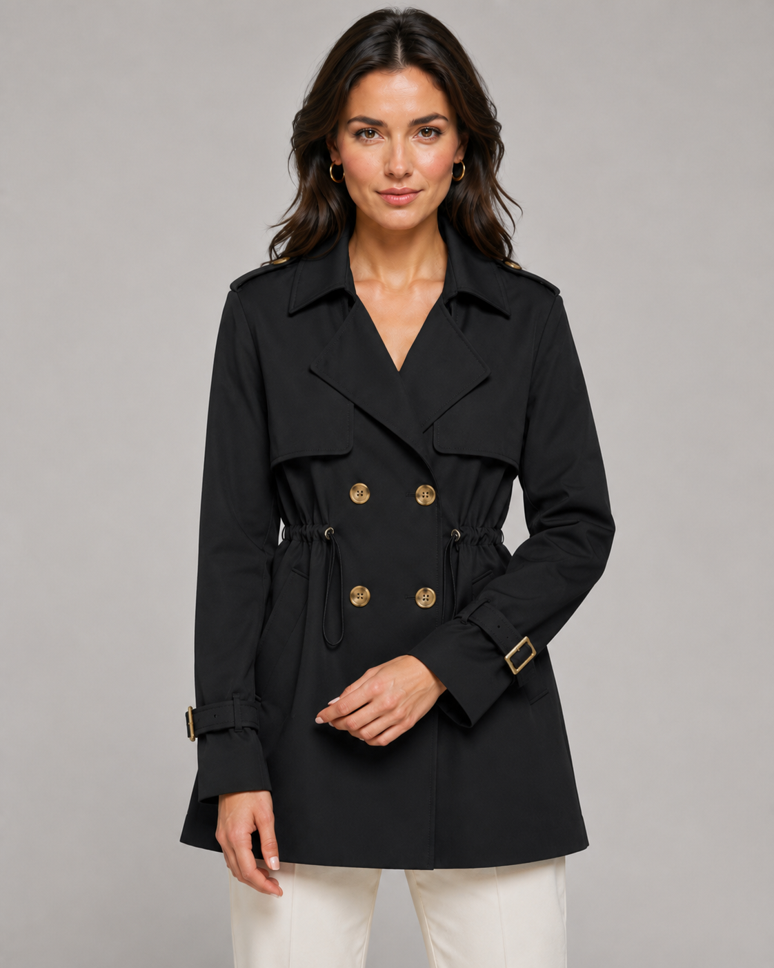 Double Breasted Drawstring Waist Short Trench Coat 5