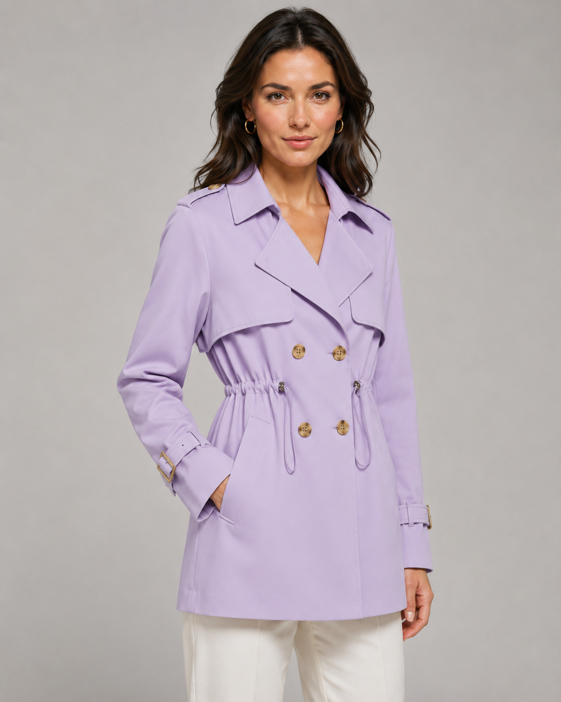 Double Breasted Drawstring Waist Short Trench Coat 8