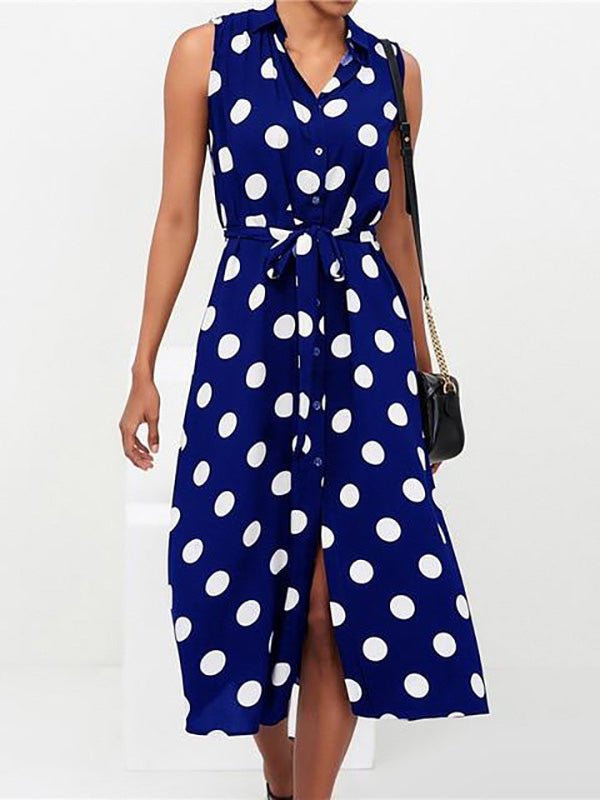 Polka Dot Print Sleeveless Button Front Tie Belt Shirt Midi Dress - View 4