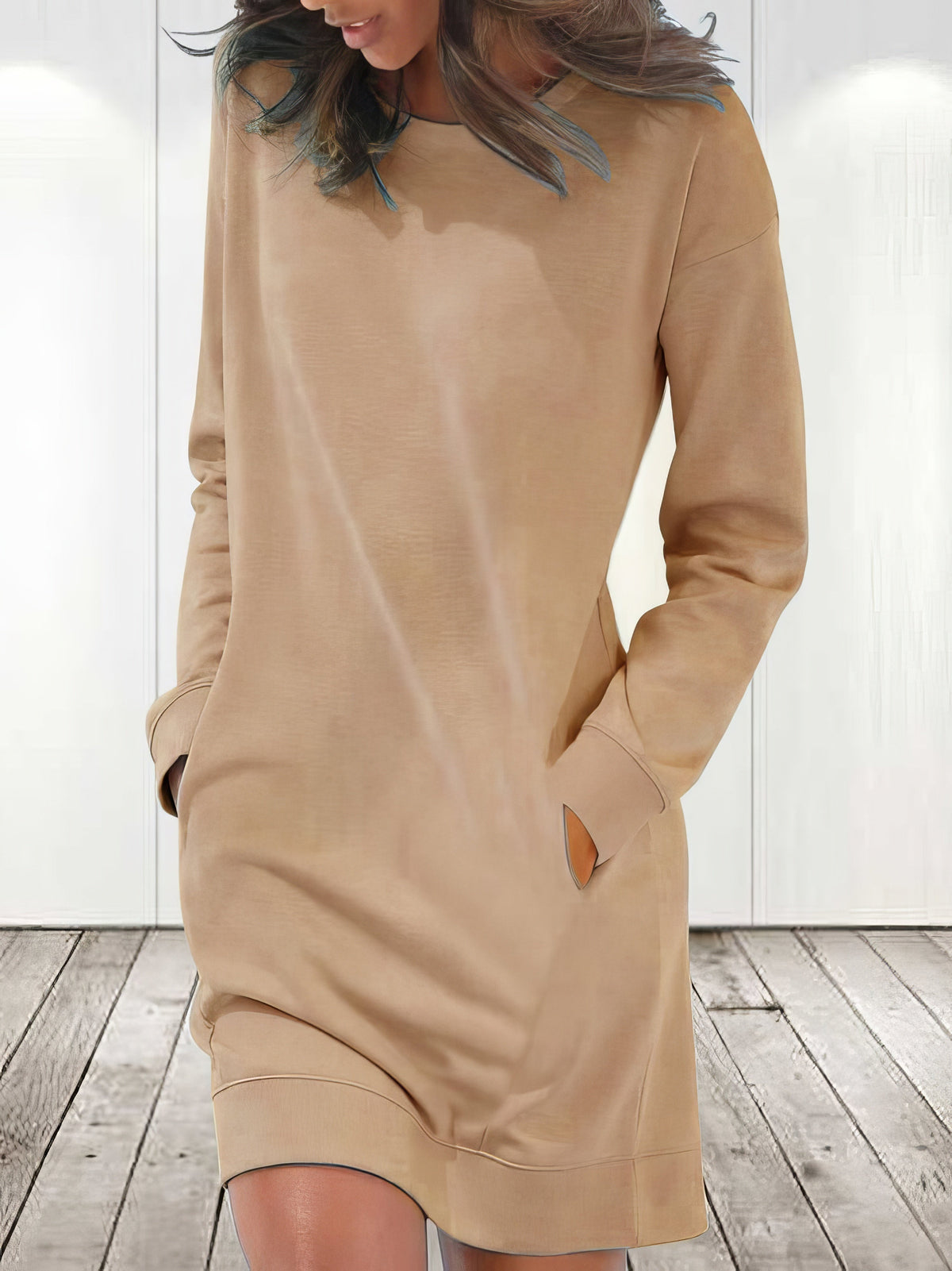 Crew Neck Drop Shoulder Long Sleeve Ribbed Cuff Pocket Mini Dress - View 6