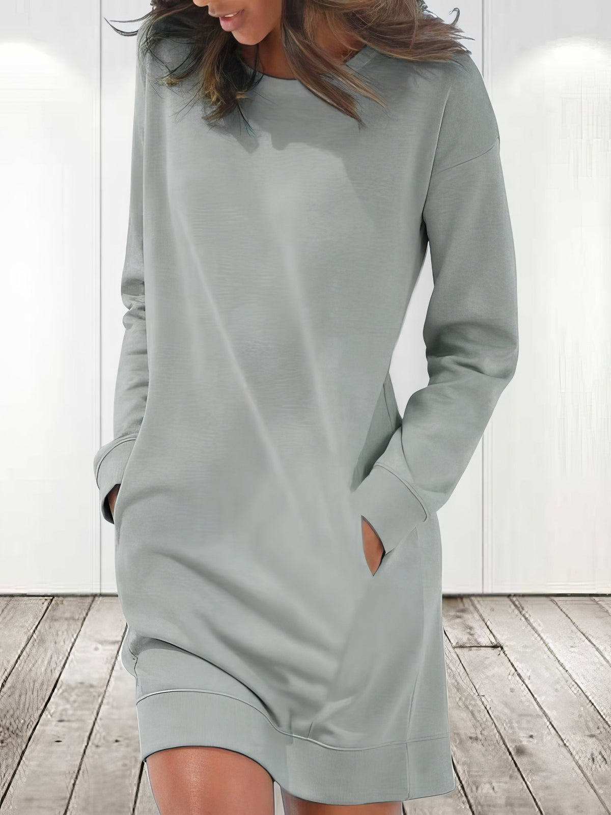 Crew Neck Drop Shoulder Long Sleeve Ribbed Cuff Pocket Mini Dress - View 2