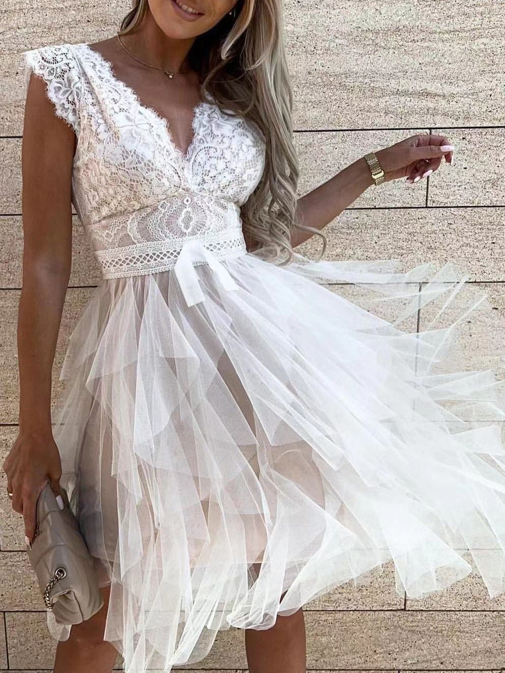 Lace V-Neck Bow Waist Tiered Tulle Ruffle Mini Dress - View 6