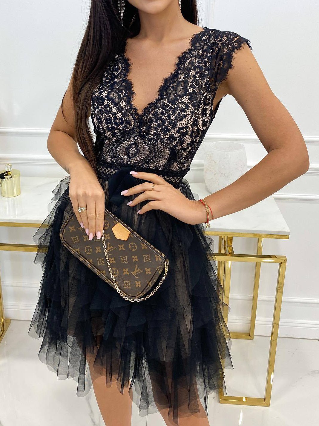 Lace V-Neck Bow Waist Tiered Tulle Ruffle Mini Dress - View 9