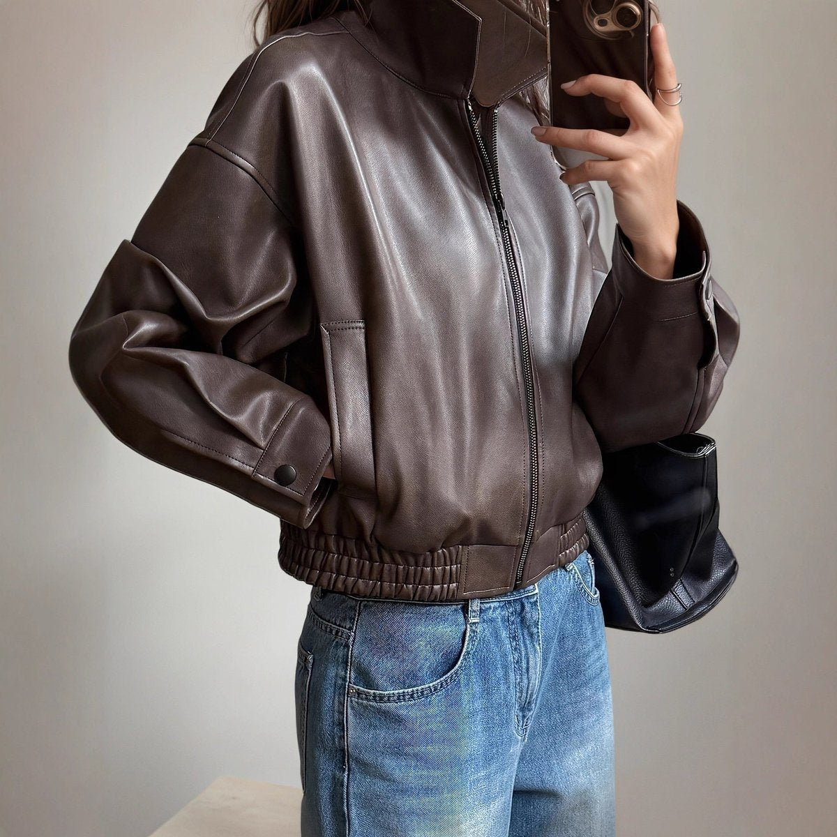 Faux Leather Zip Front Stand Collar Bomber Jacket