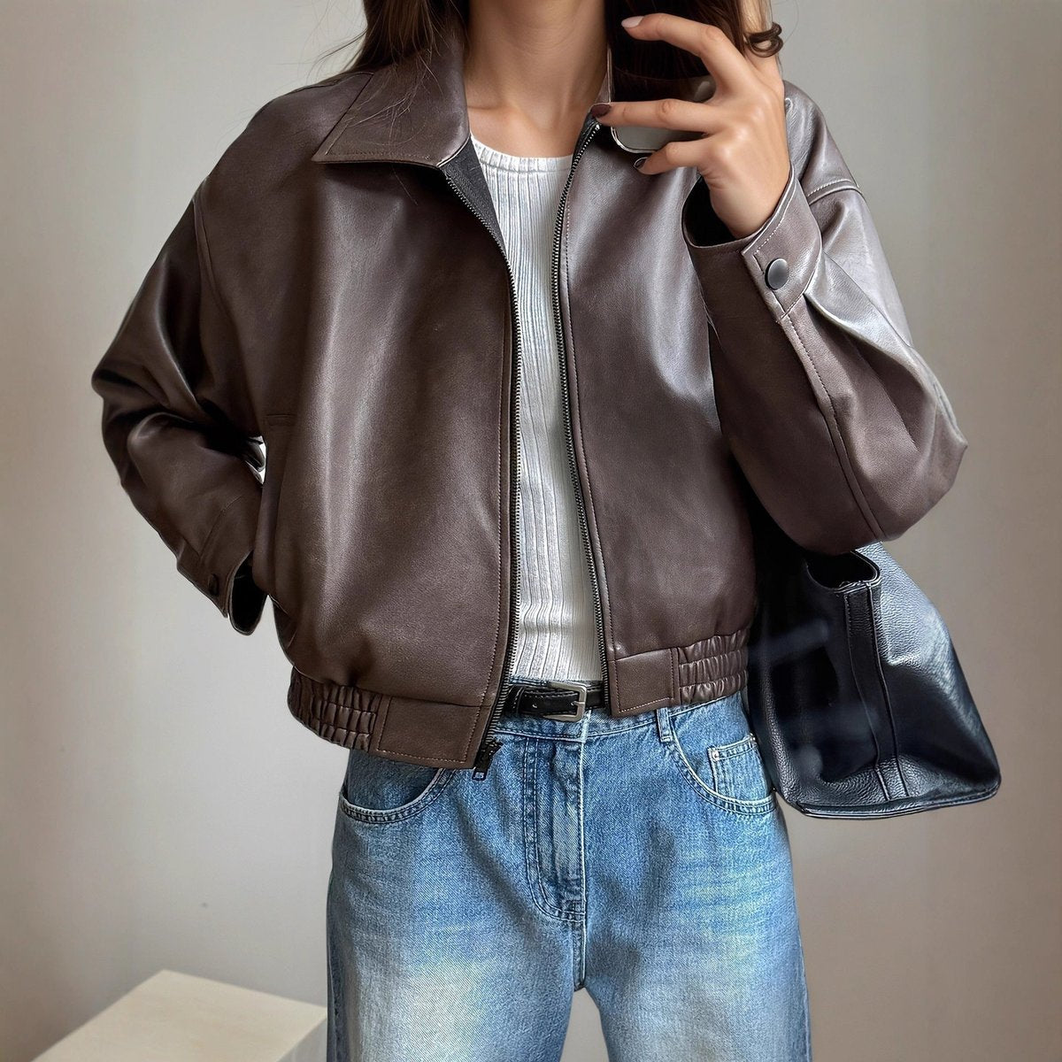 Faux Leather Zip Front Stand Collar Bomber Jacket 2