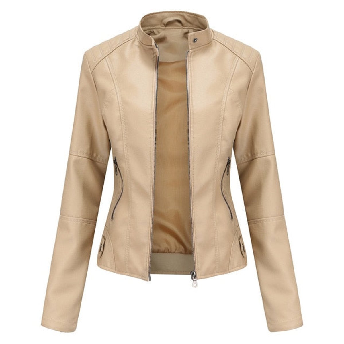 Faux Leather Stand Collar Zip Up Moto Jacket