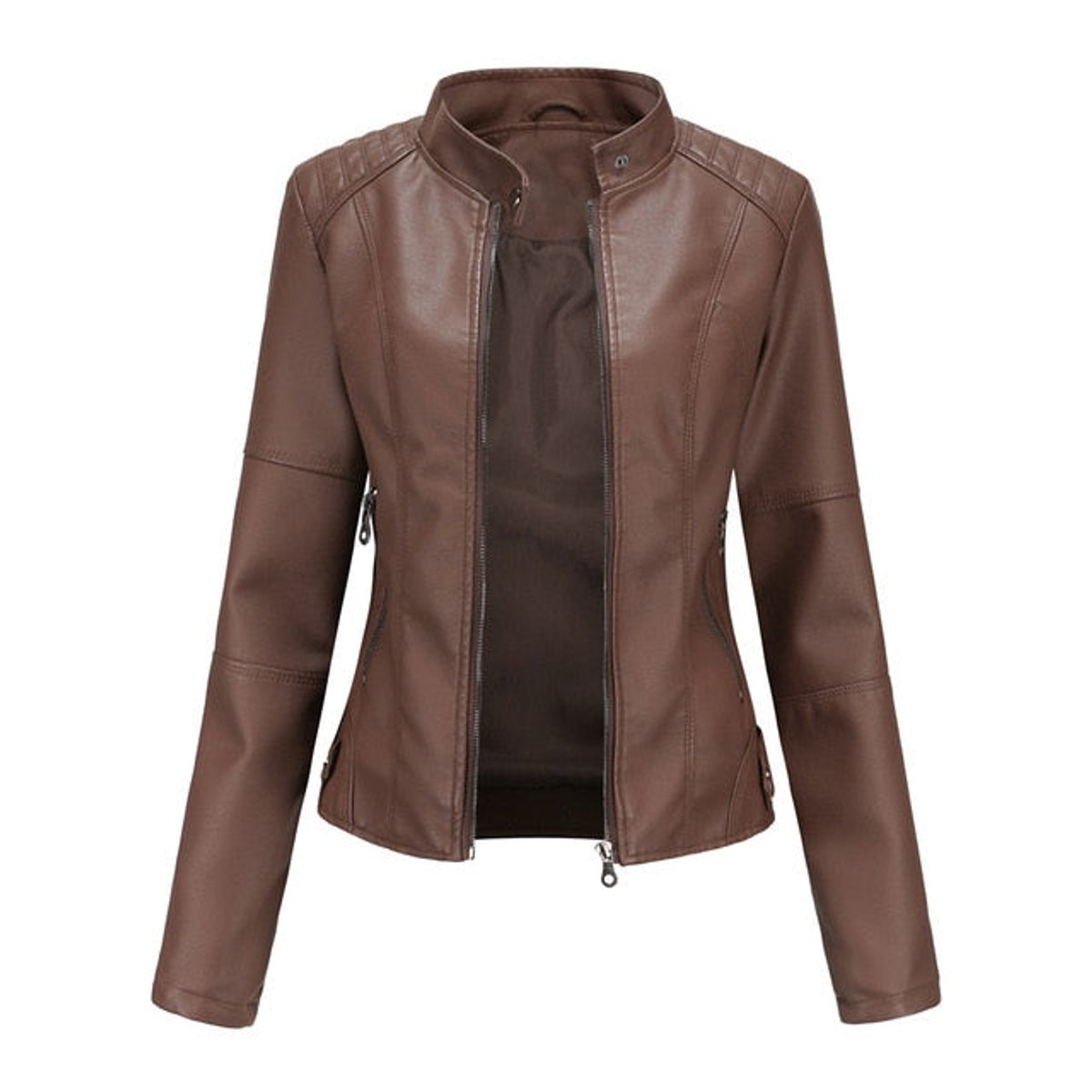 Faux Leather Stand Collar Zip Up Moto Jacket 2