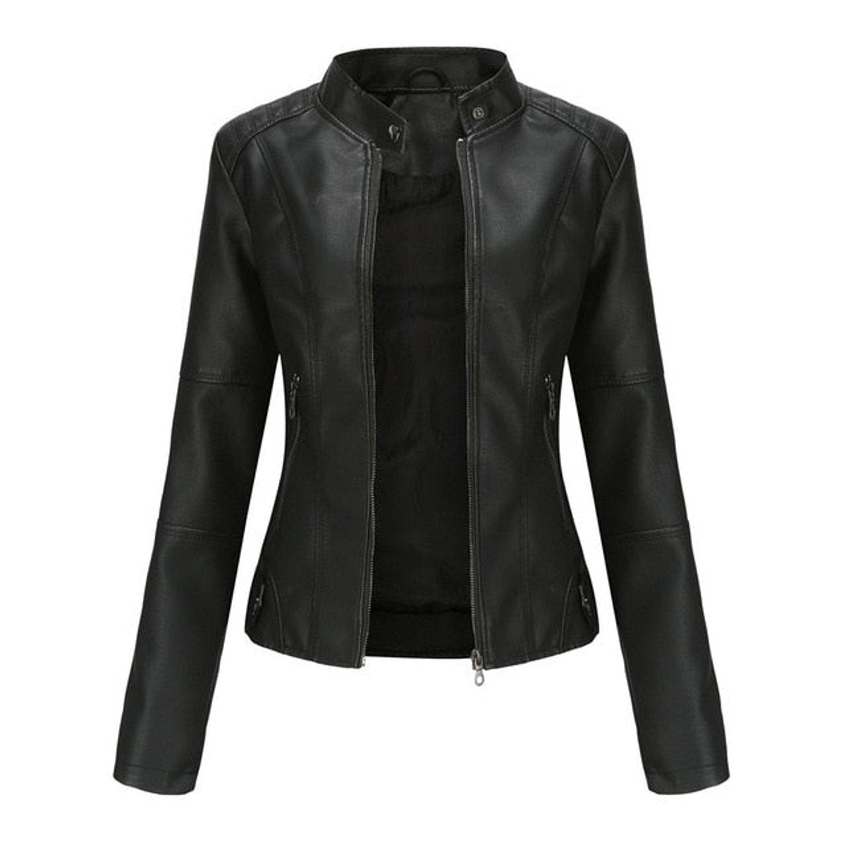 Faux Leather Stand Collar Zip Up Moto Jacket 3