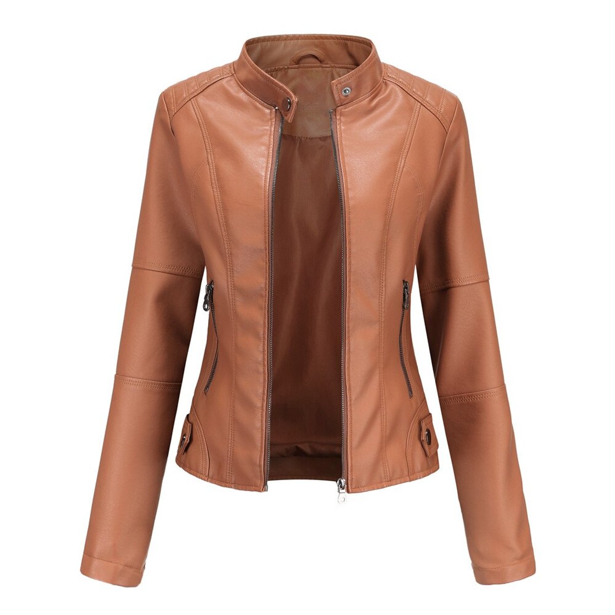 Faux Leather Stand Collar Zip Up Moto Jacket 5