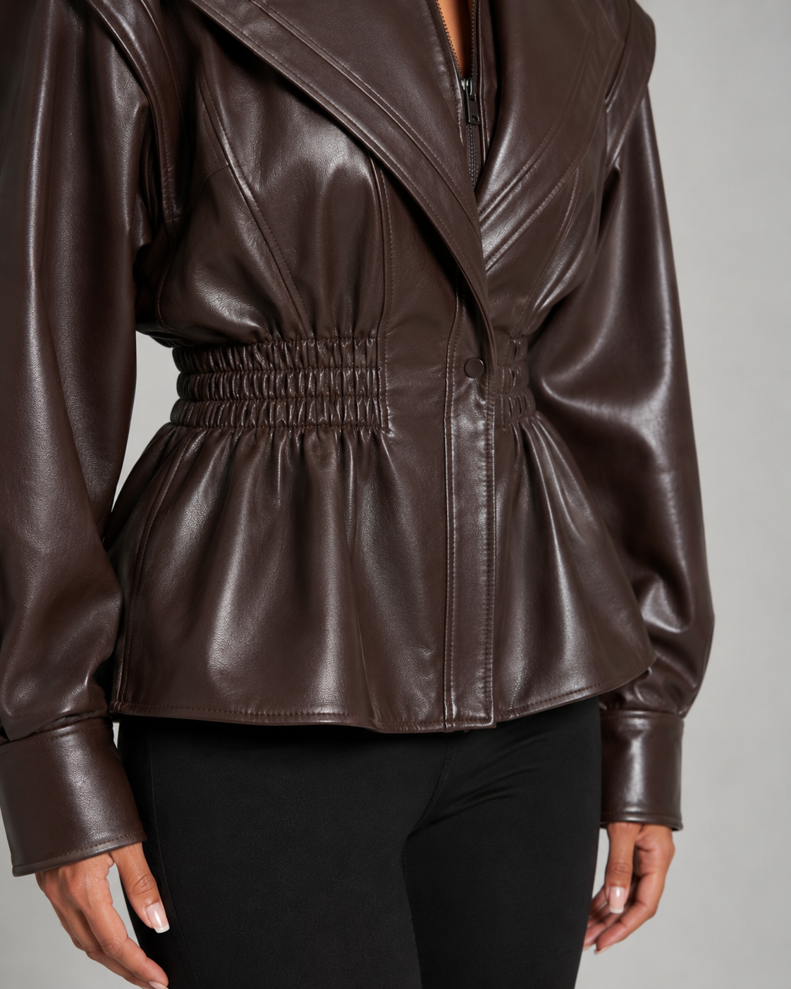 Faux Leather Zip Front Shirred Waist Puff Sleeve Peplum Jacket 2