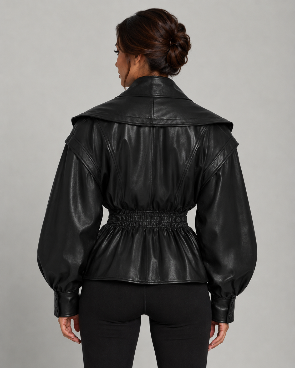Faux Leather Zip Front Shirred Waist Puff Sleeve Peplum Jacket 5