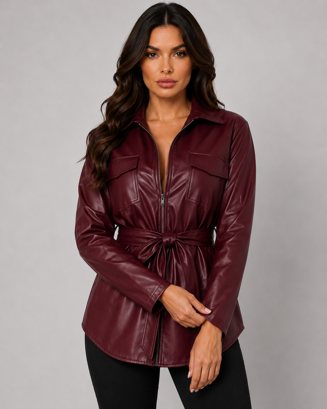 Faux Leather Zip Front Tie Waist Shirt Jacket 2