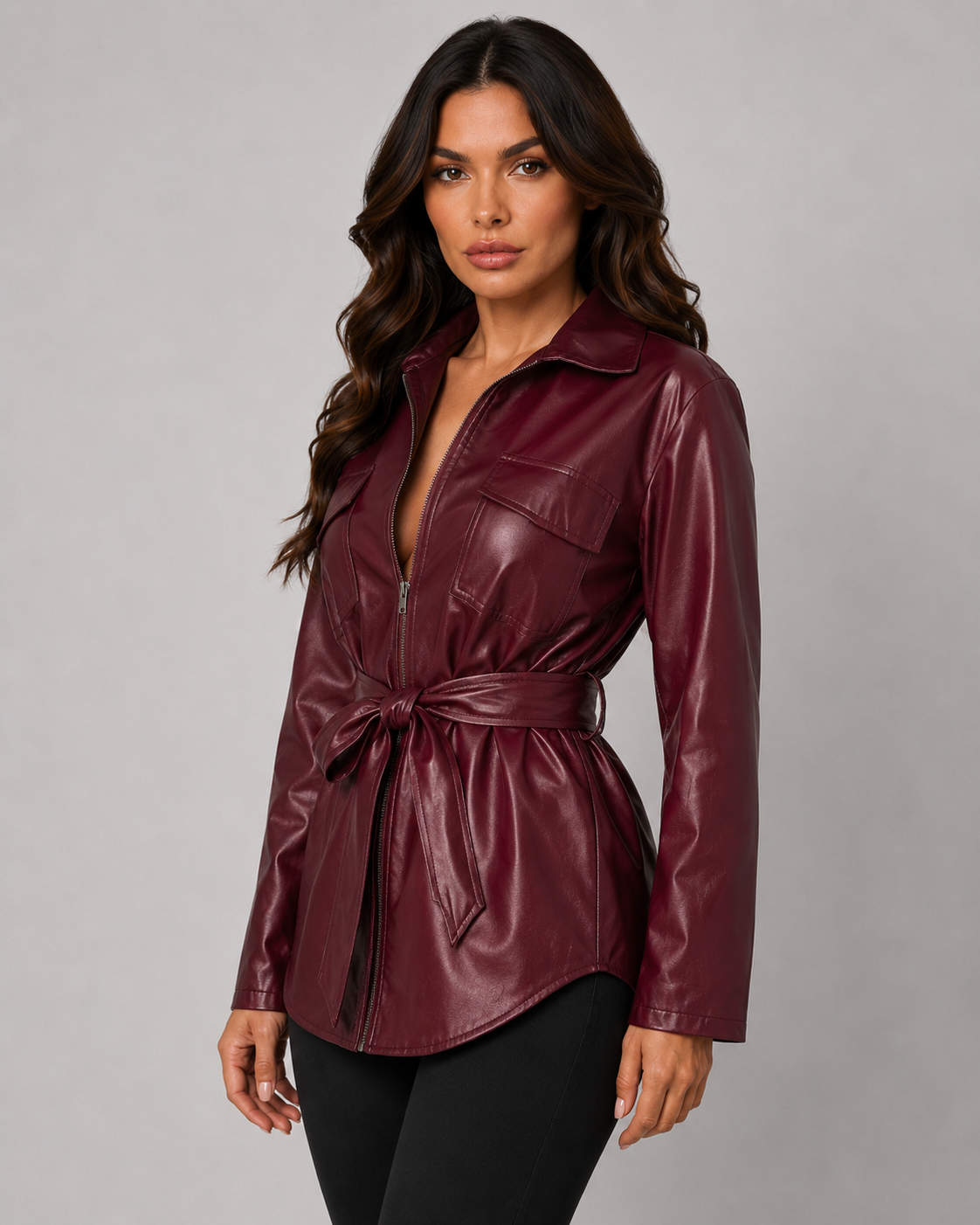 Faux Leather Zip Front Tie Waist Shirt Jacket 7