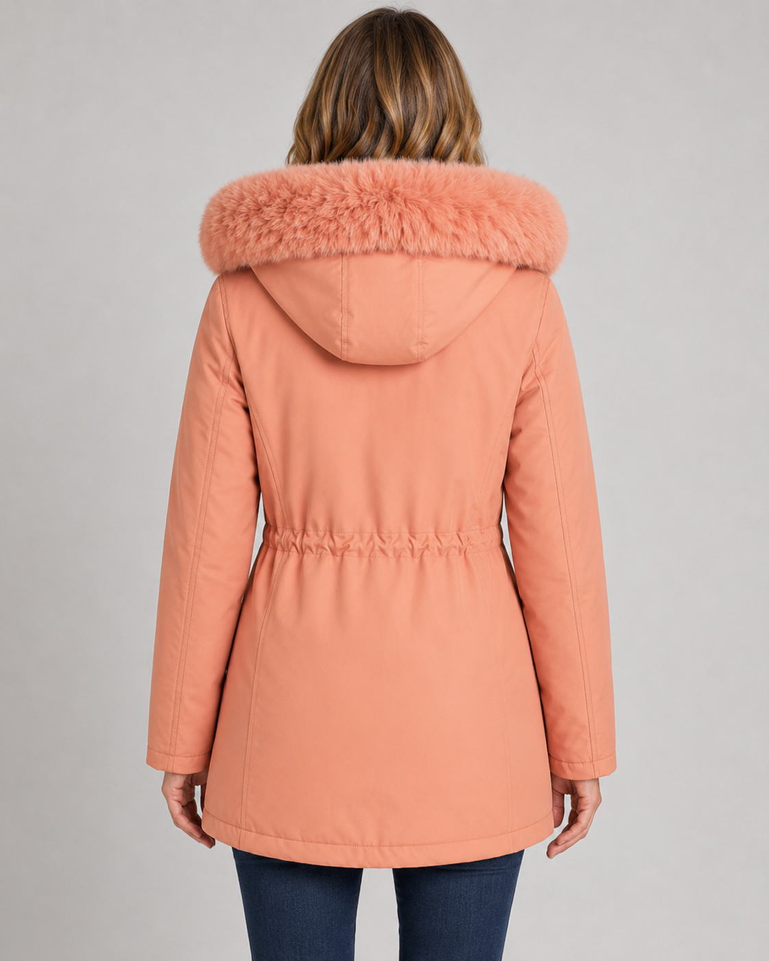 Faux Fur Hood Drawstring Waist Zip Parka Coat 2