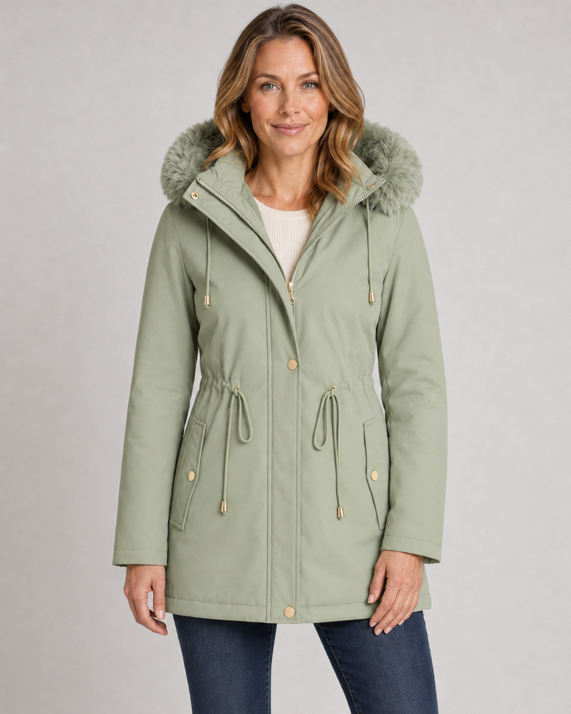 Faux Fur Hood Drawstring Waist Zip Parka Coat 4