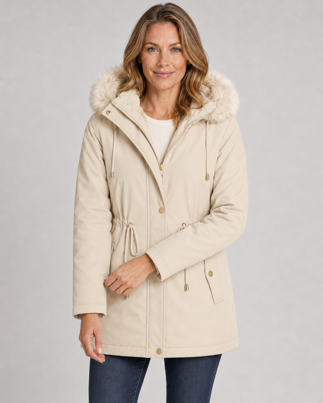 Faux Fur Hood Drawstring Waist Zip Parka Coat 9