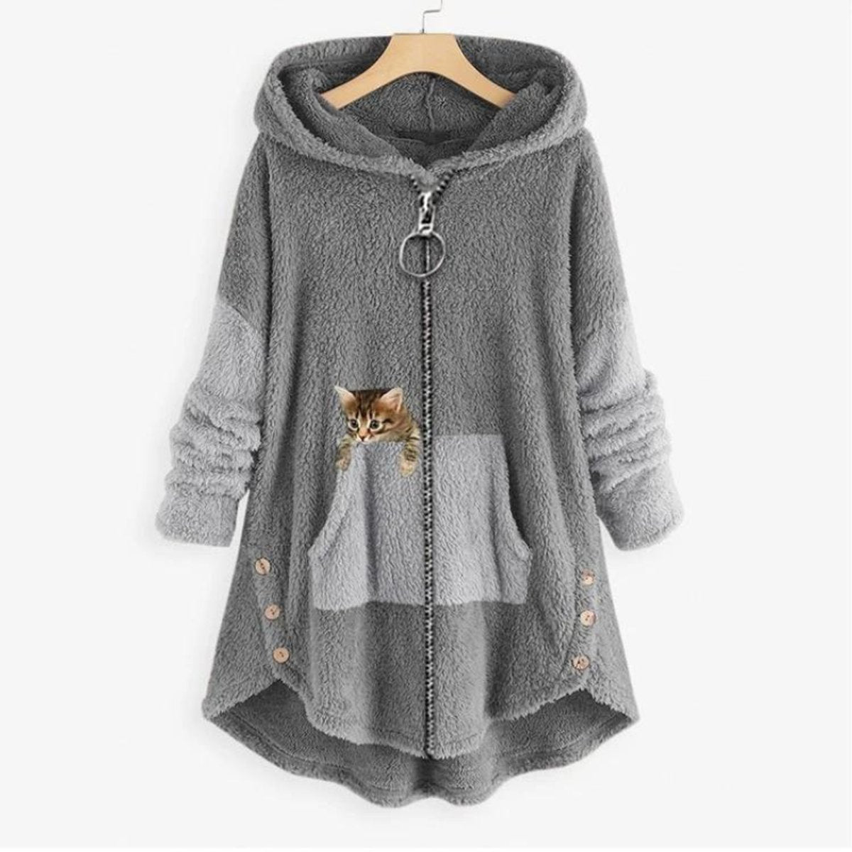 Hooded Zip Front Cat Pocket Fleece High Low Jacket