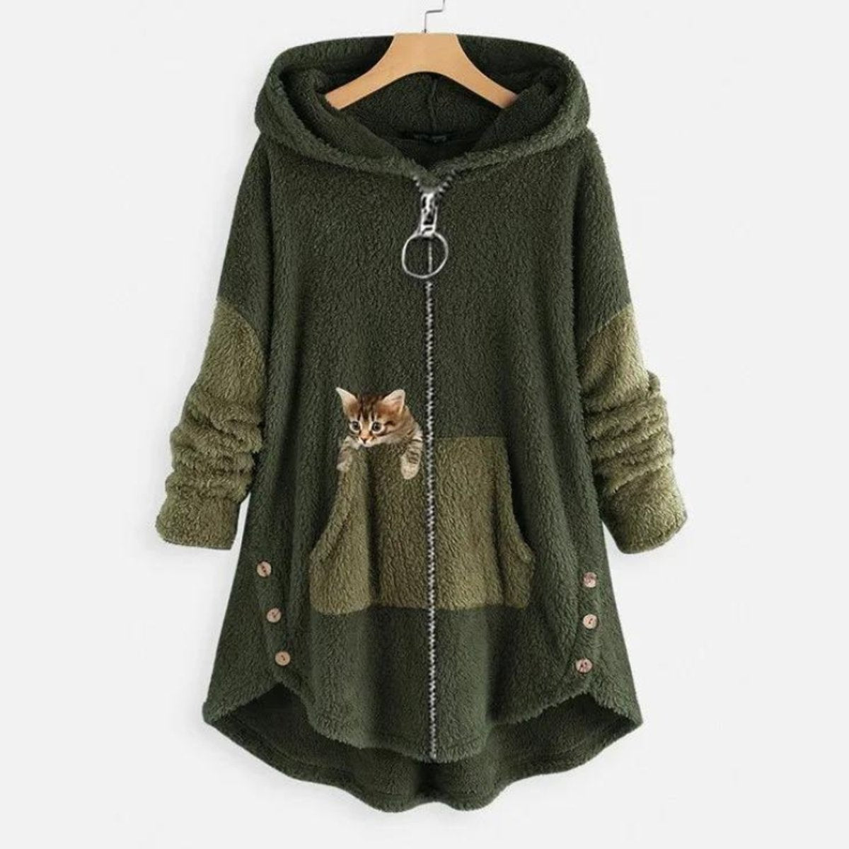 Hooded Zip Front Cat Pocket Fleece High Low Jacket 3