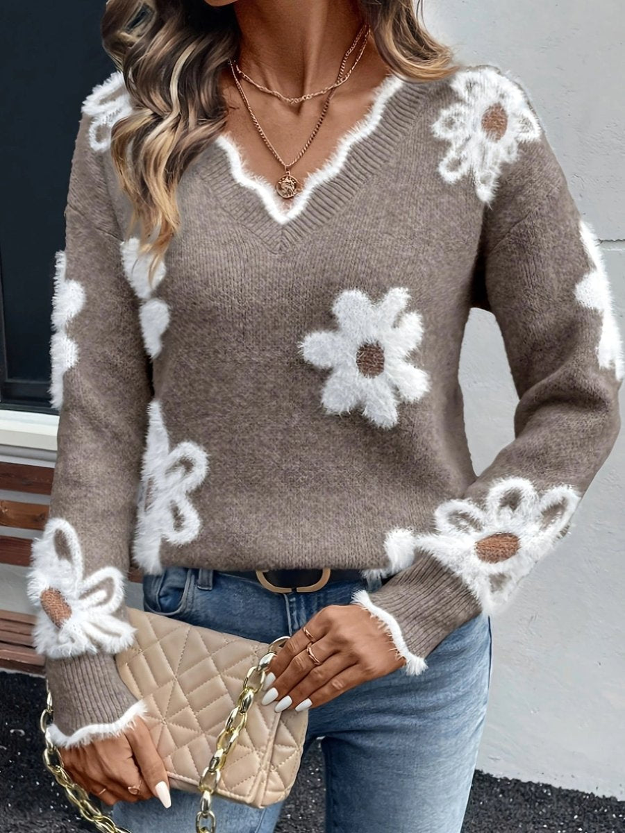 V-Neck Daisy Floral Fuzzy Knit Long Sleeve Sweater 10