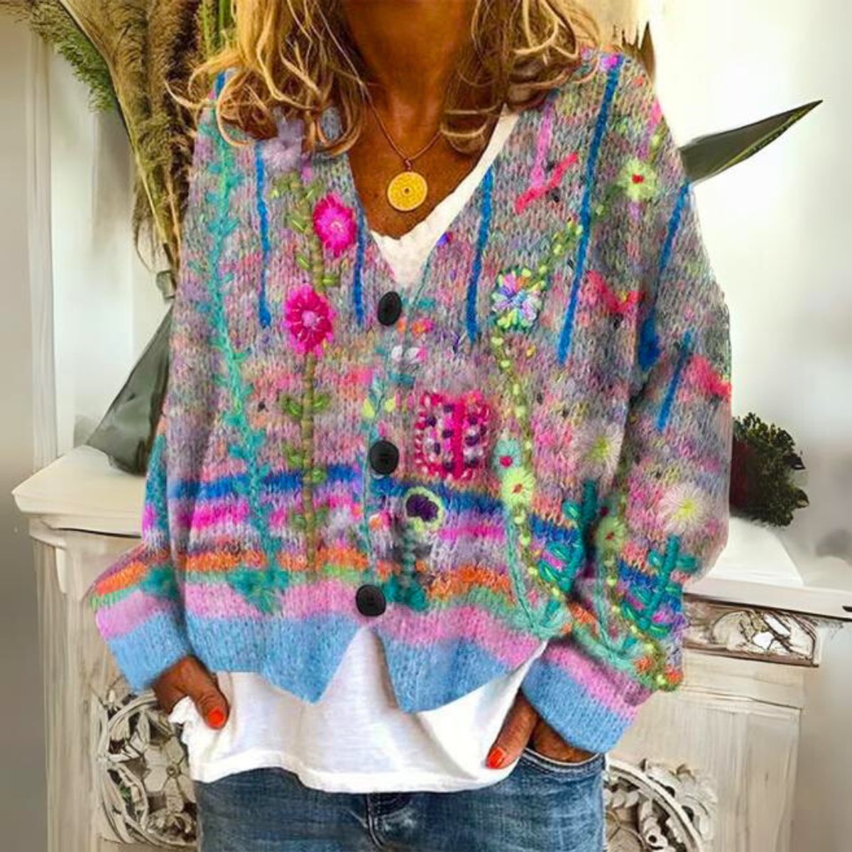 Floral Print V-Neck Button Front Knit Cardigan 2