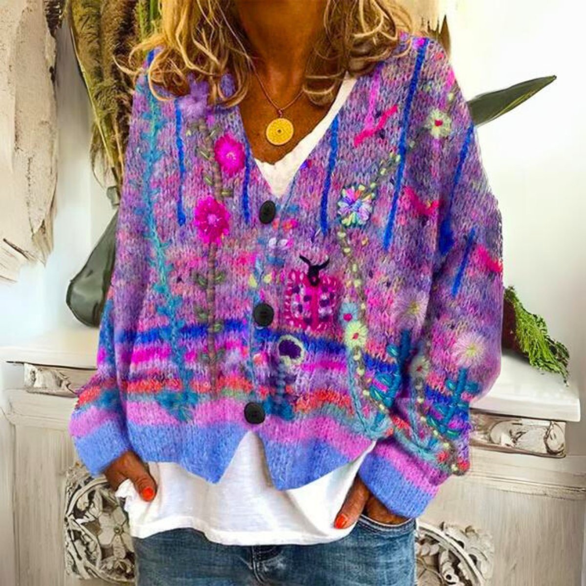 Floral Print V-Neck Button Front Knit Cardigan 4
