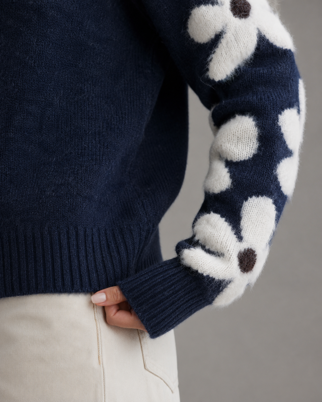 Crew Neck Floral Sleeve Knit Sweater 4