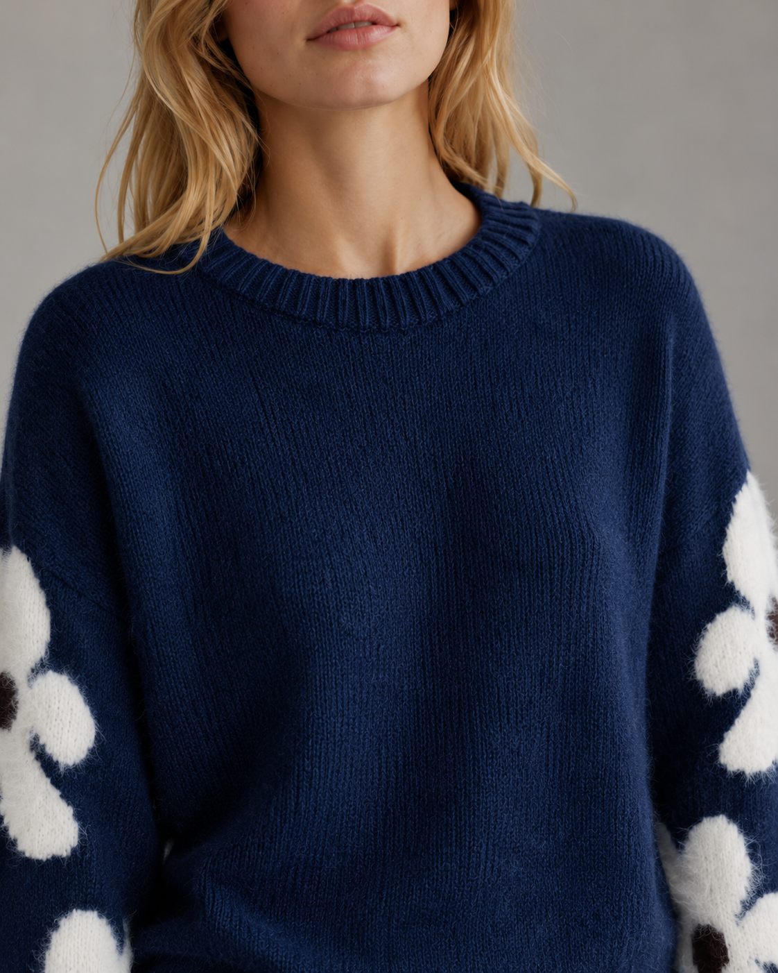 Crew Neck Floral Sleeve Knit Sweater 5