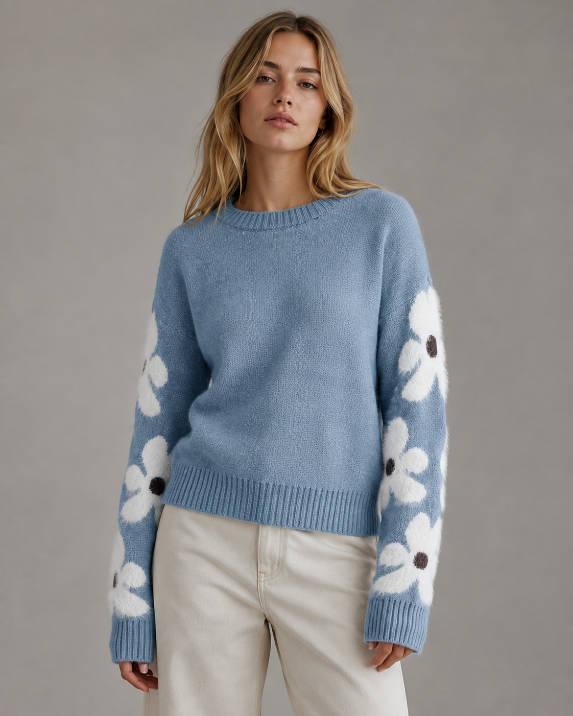 Crew Neck Floral Sleeve Knit Sweater 7