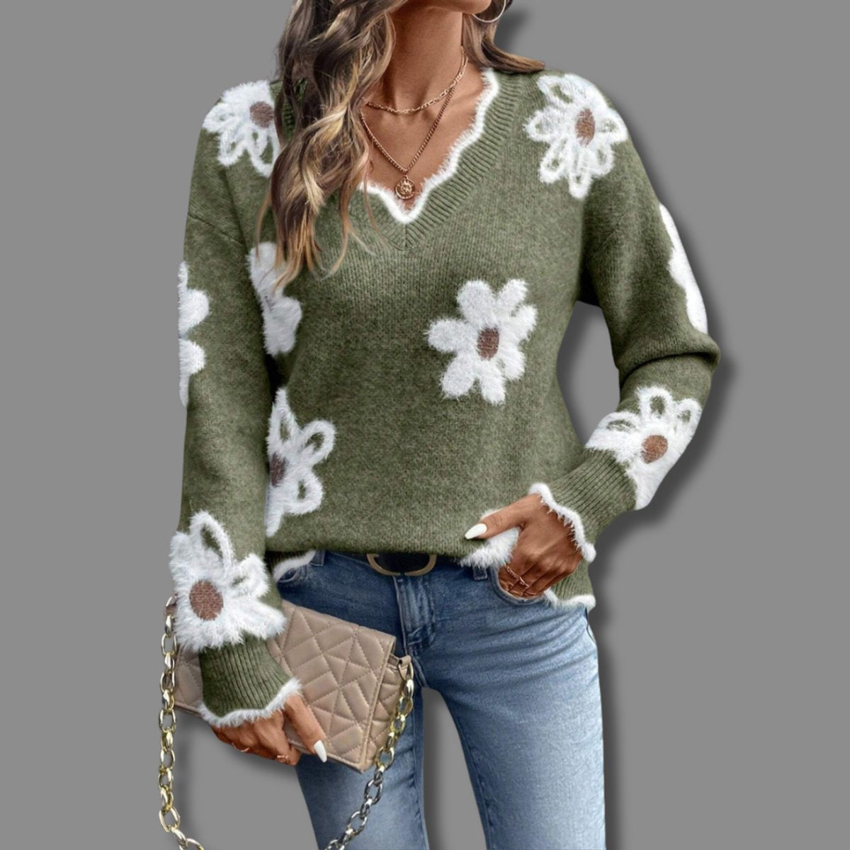 Floral V-Neck Long Sleeve Split Hem Knit Sweater 5