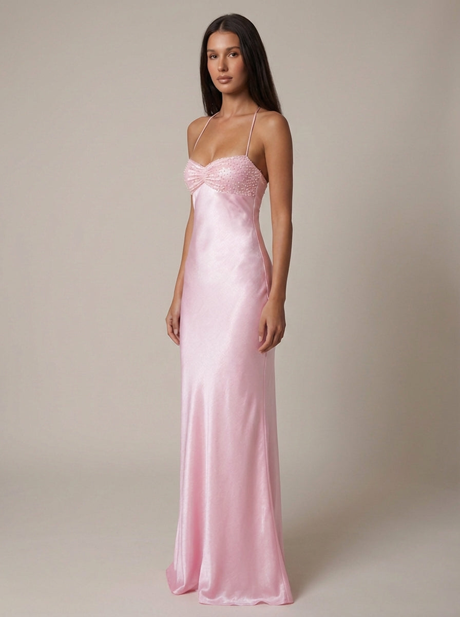 Satin Beaded Bust Strappy Back Slip Maxi Dress 2