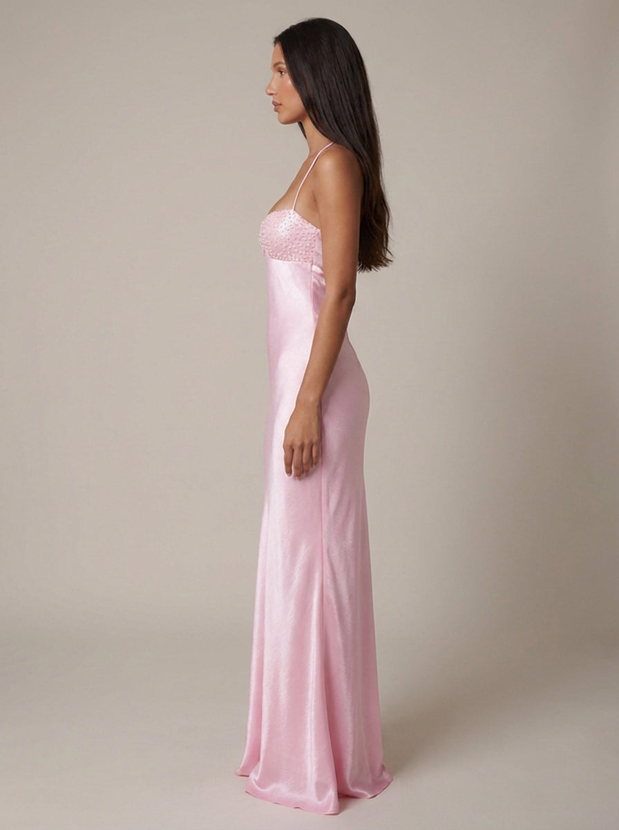 Satin Beaded Bust Strappy Back Slip Maxi Dress 3