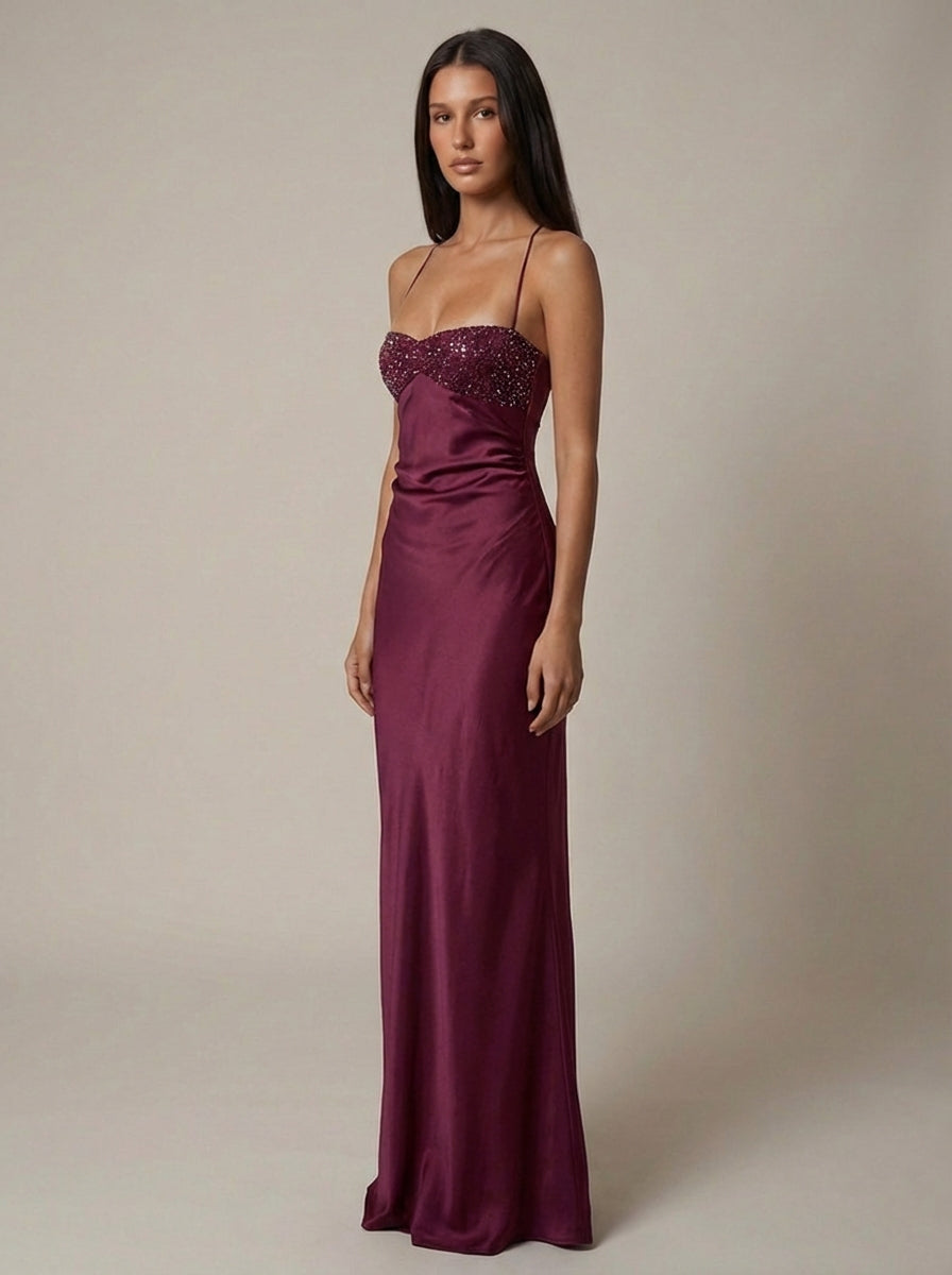 Satin Beaded Bust Strappy Back Slip Maxi Dress 7