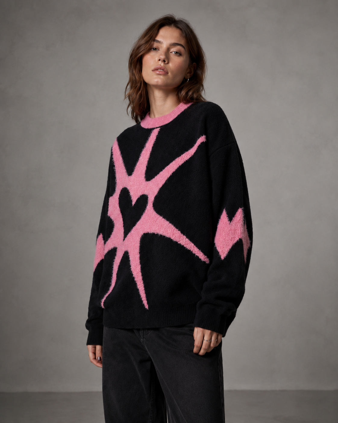 Graphic Star Heart Crew Neck Oversized Knit Sweater 5