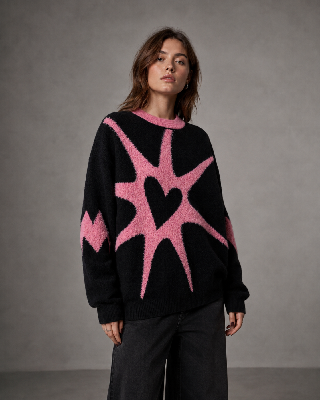 Graphic Star Heart Crew Neck Oversized Knit Sweater 8