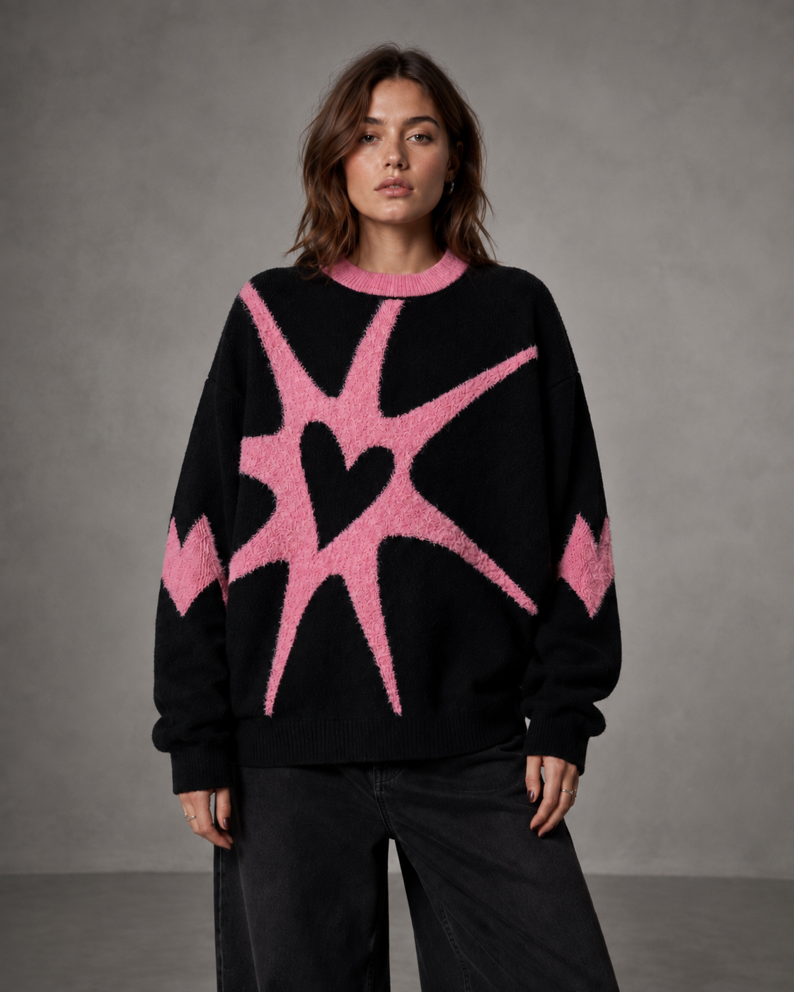 Graphic Star Heart Crew Neck Oversized Knit Sweater