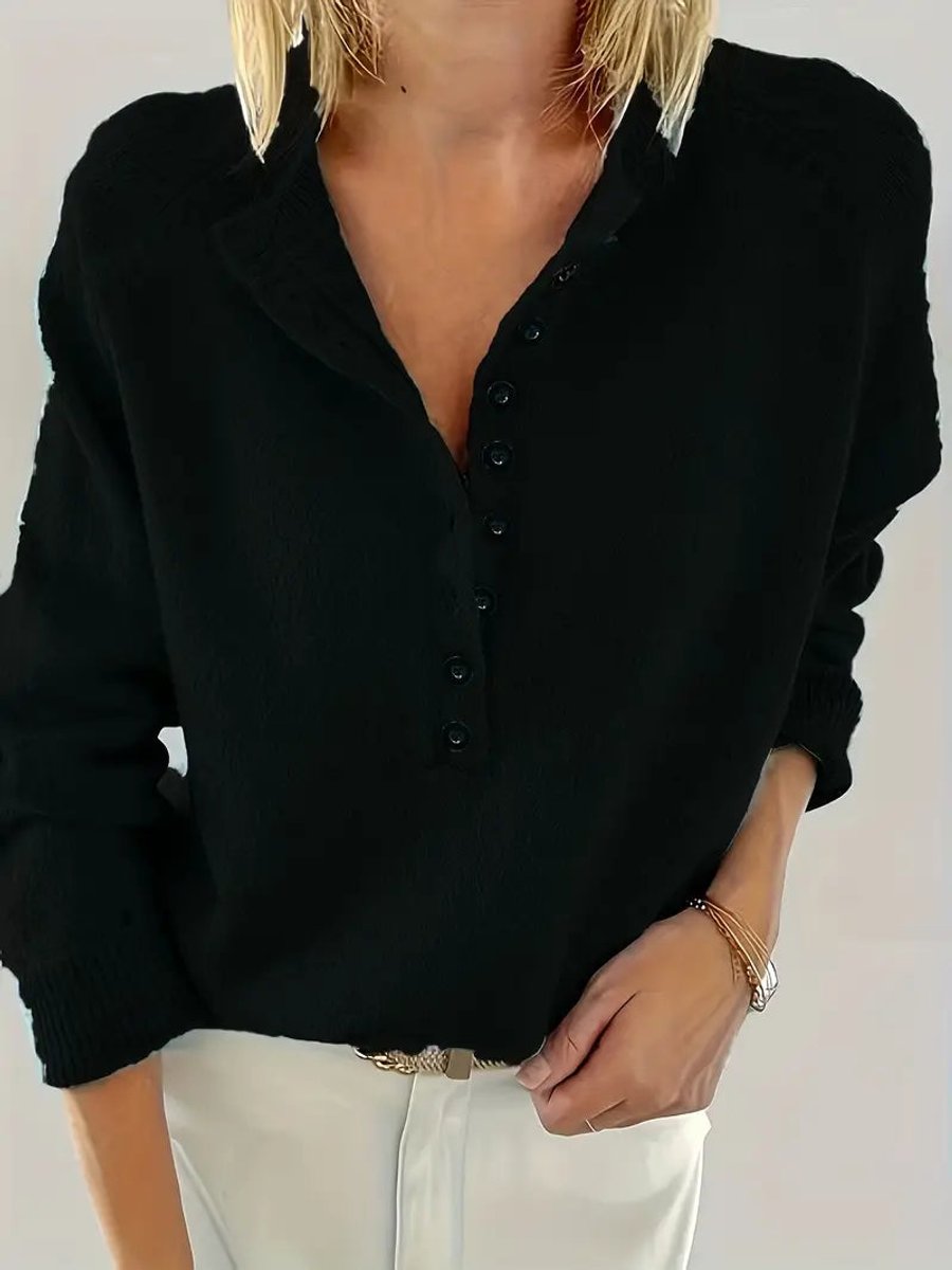 Half Button V-Neck Long Sleeve Knit Sweater 10