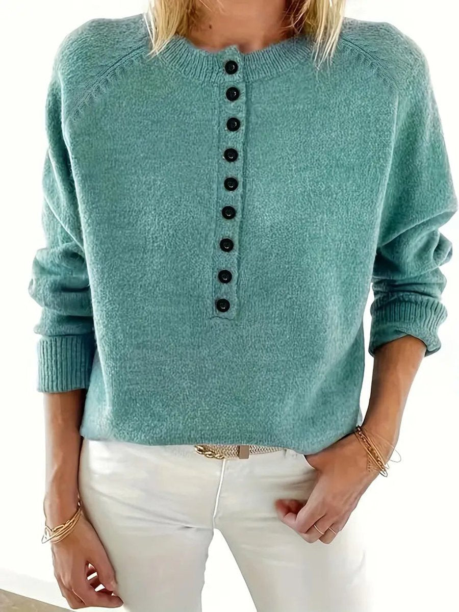 Half Button V-Neck Long Sleeve Knit Sweater 2