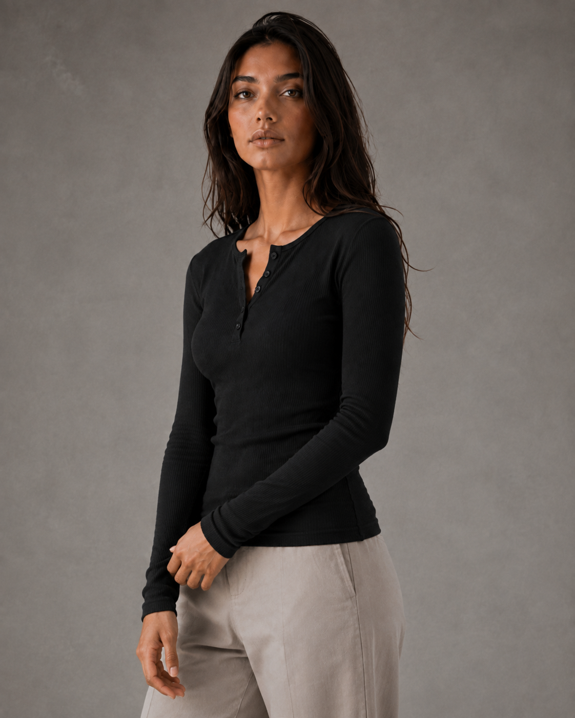 Ribbed Long Sleeve Button Henley Top