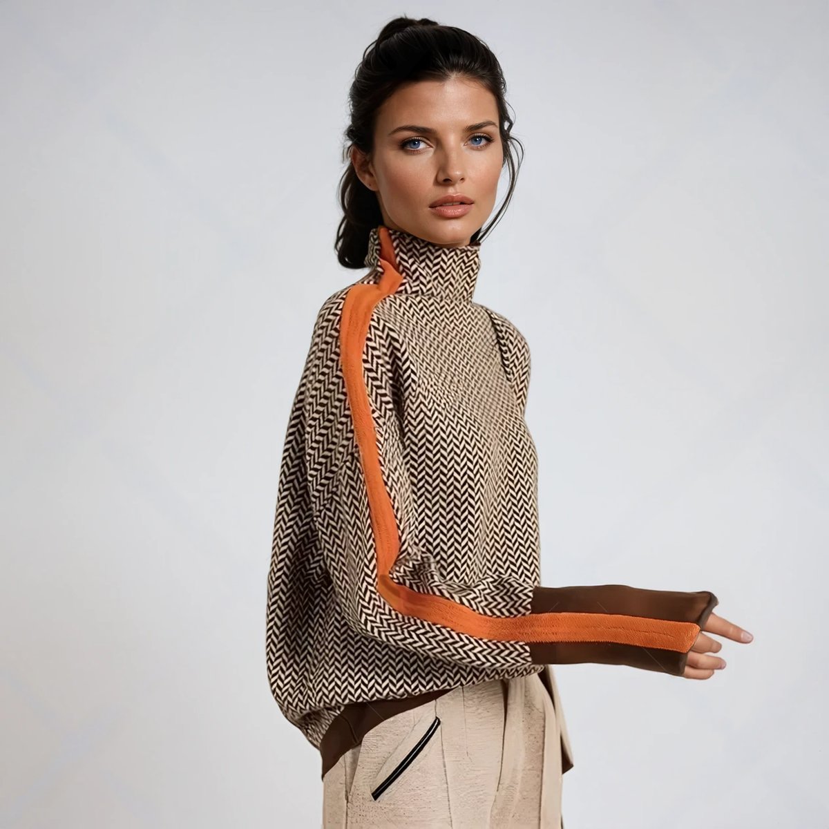Herringbone Contrast Trim Turtleneck Sweater with Scarf 2