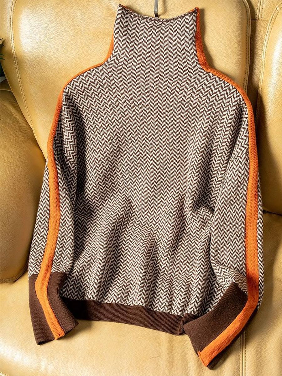 Herringbone Contrast Trim Turtleneck Sweater with Scarf 4