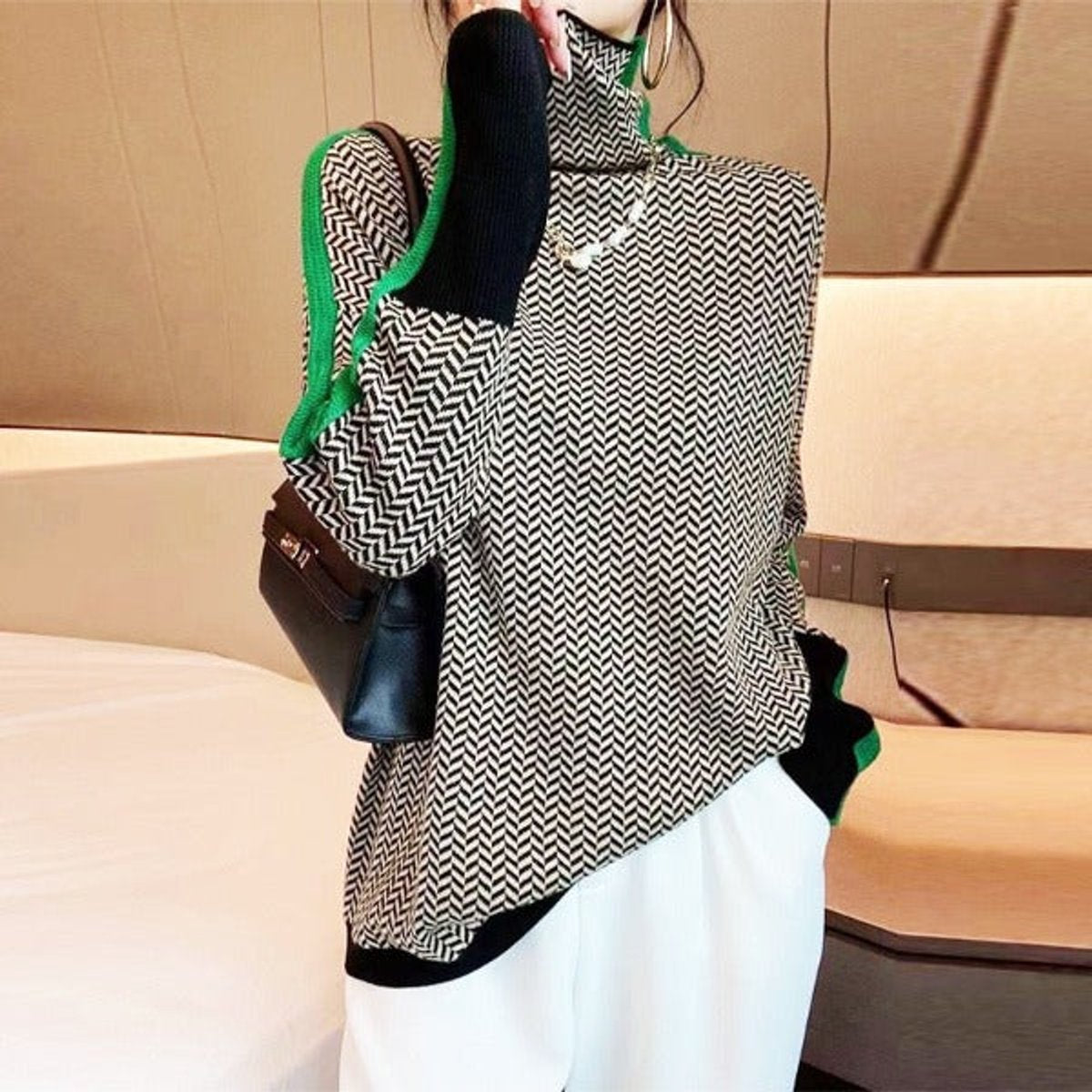Herringbone Contrast Trim Turtleneck Sweater with Scarf 5