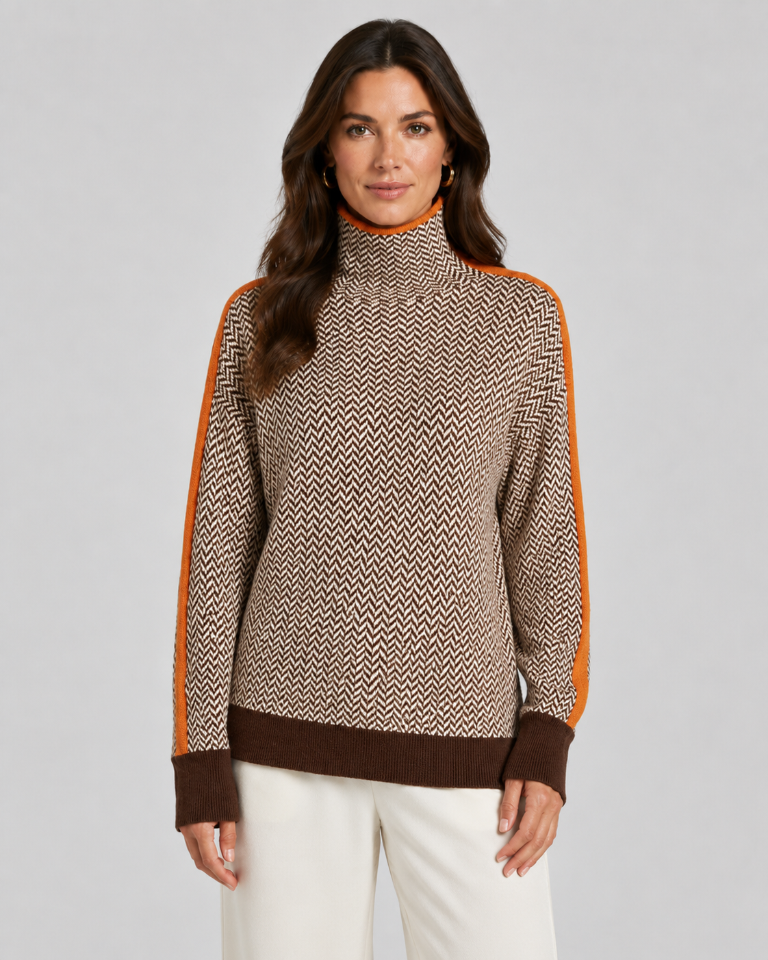 Herringbone Turtleneck Long Sleeve Side Stripe Sweater 2