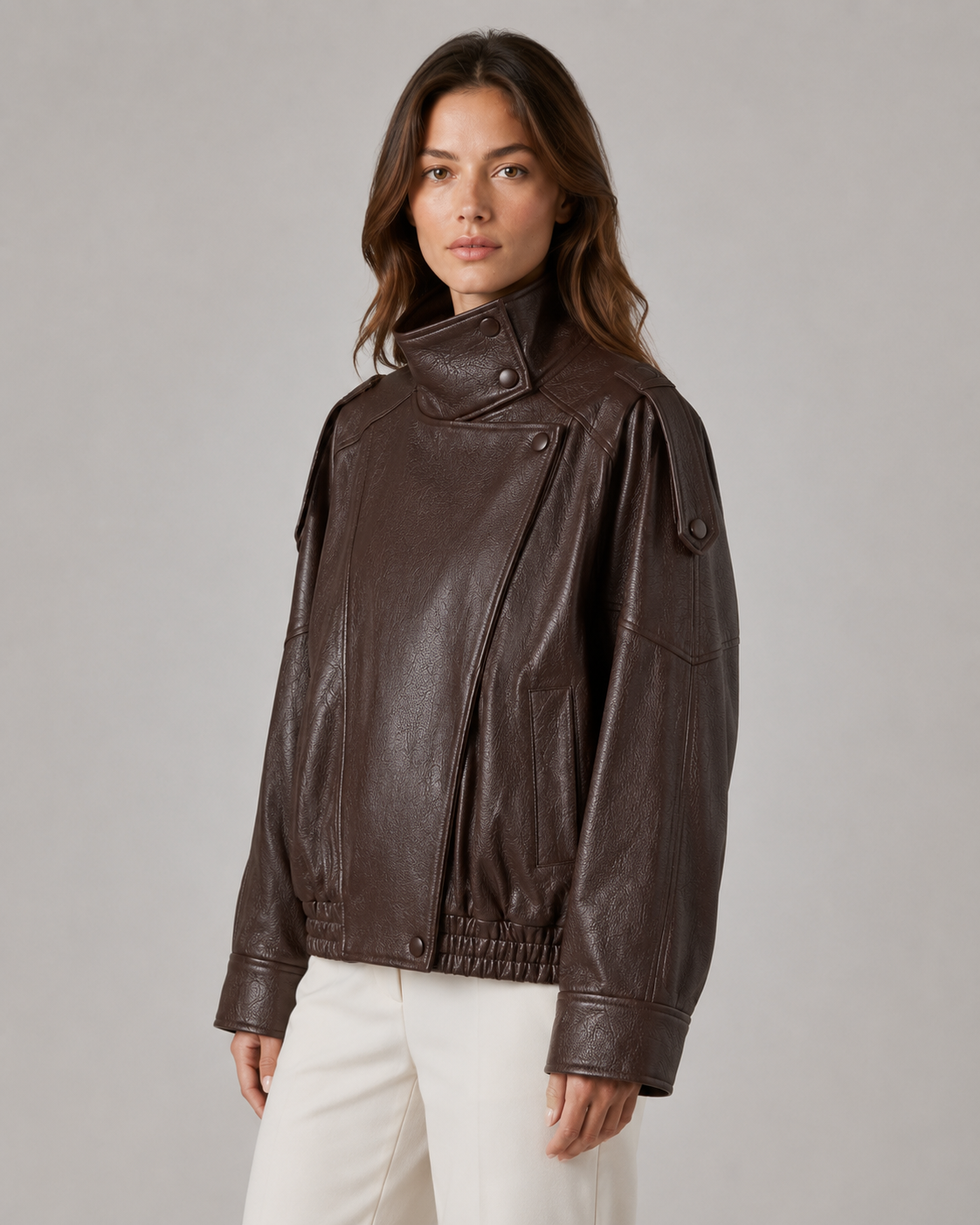 High Neck Zip Front Faux Leather Oversized Jacket 2