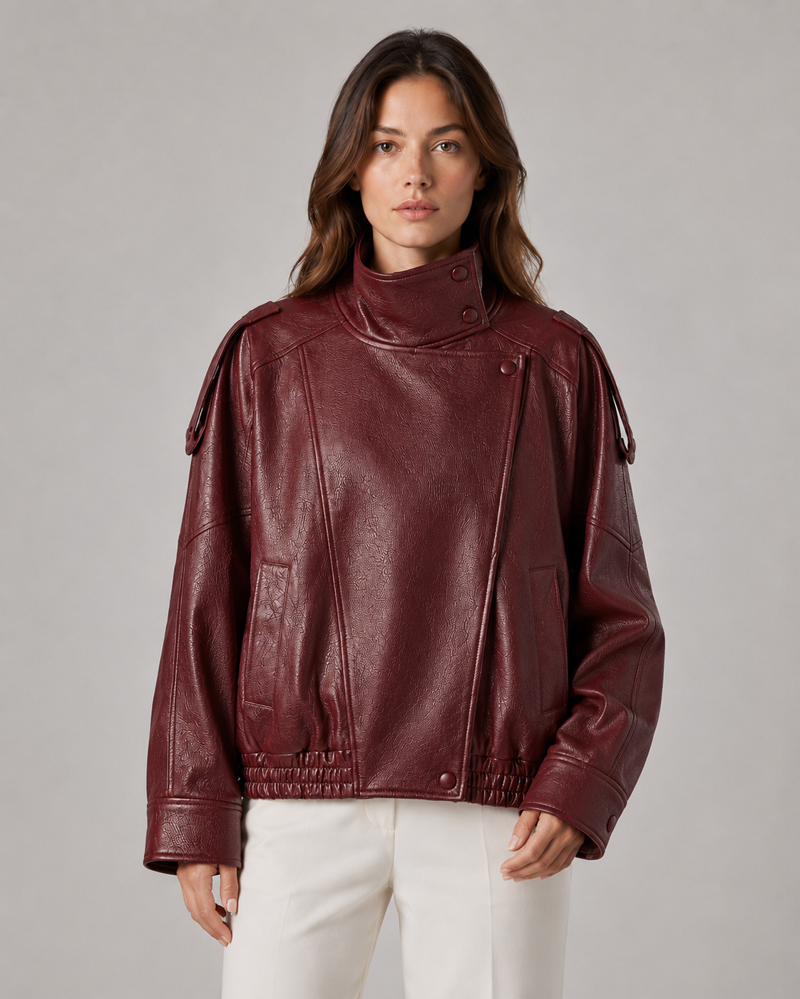 High Neck Zip Front Faux Leather Oversized Jacket 6