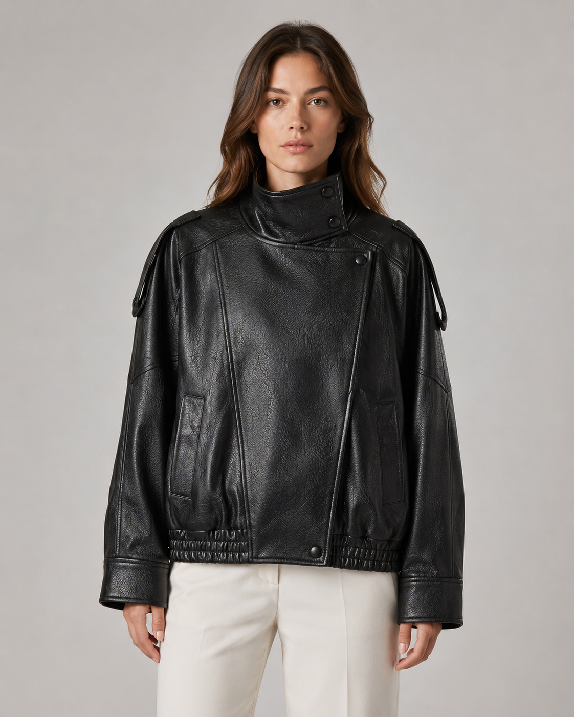 High Neck Zip Front Faux Leather Oversized Jacket 7