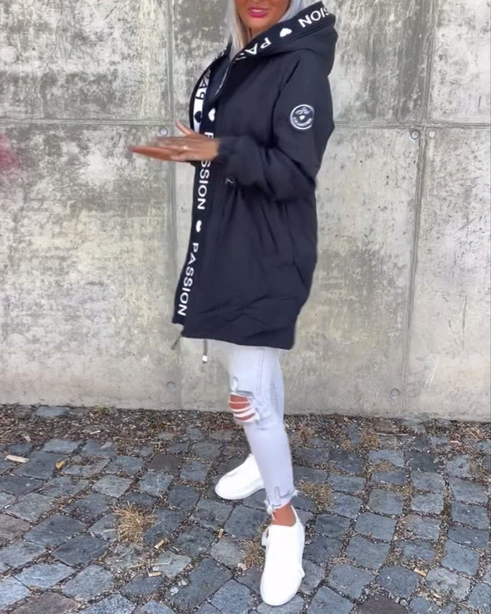 Hooded Drawstring Waist Letter Print Longline Parka Jacket 10